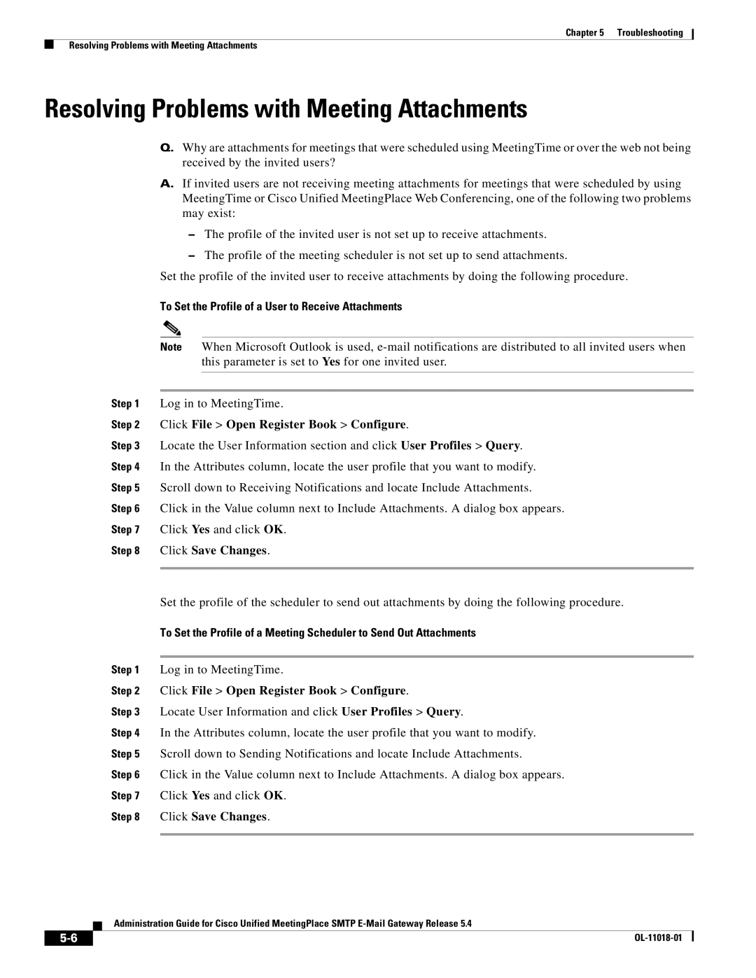 Cisco Systems SMTP manual Resolving Problems with Meeting Attachments, To Set the Profile of a User to Receive Attachments 