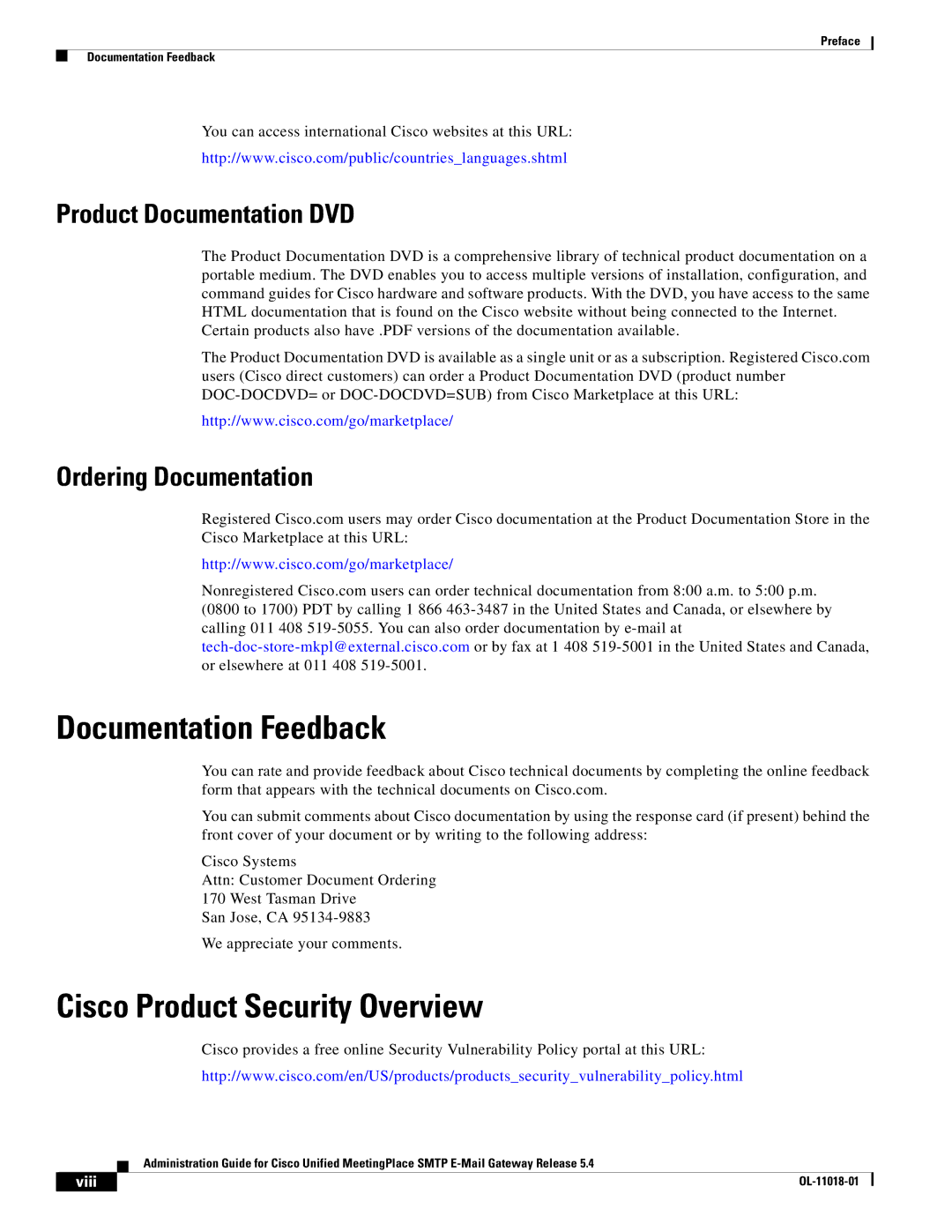 Cisco Systems SMTP manual Documentation Feedback, Cisco Product Security Overview, Product Documentation DVD 