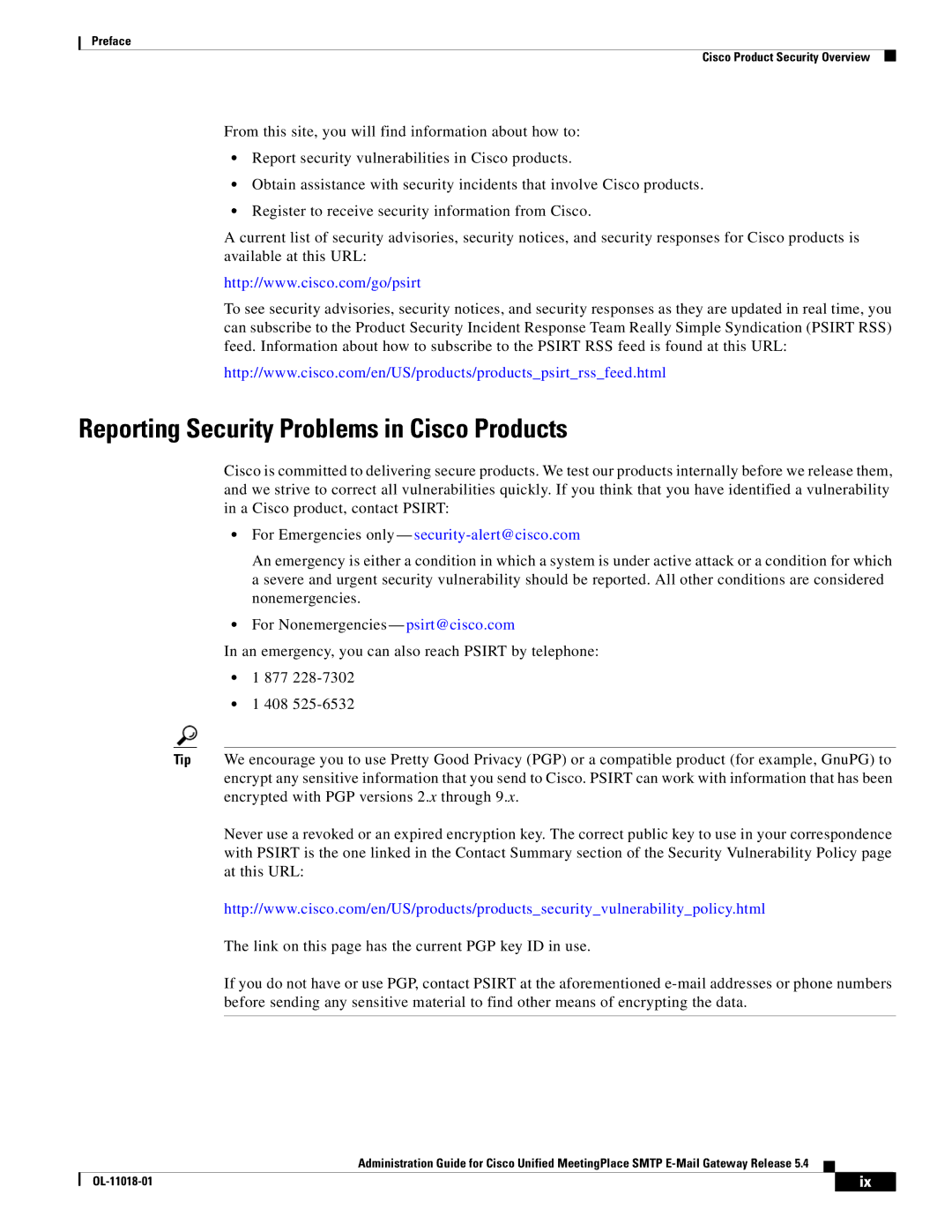 Cisco Systems SMTP manual Reporting Security Problems in Cisco Products, For Emergencies only security-alert@cisco.com 