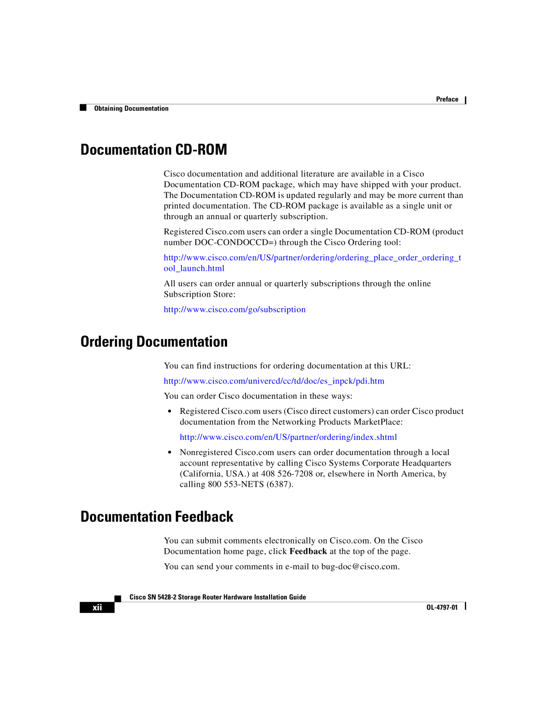 Cisco Systems SN 5428-2 manual Documentation CD-ROM, Ordering Documentation, Documentation Feedback 