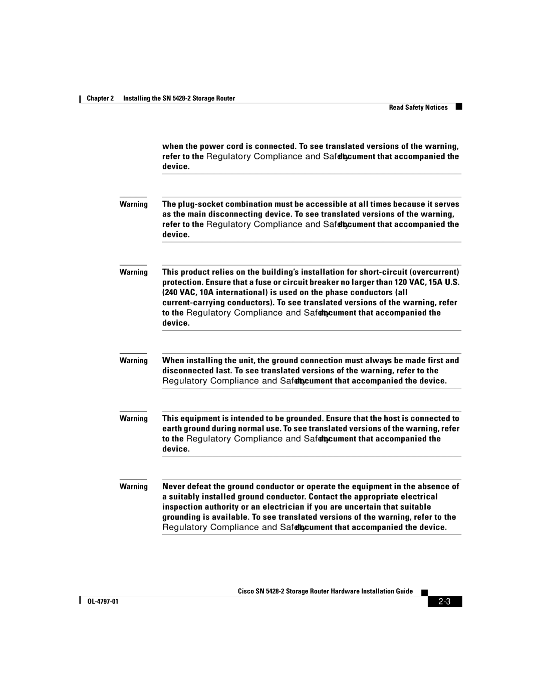 Cisco Systems manual Installing the SN 5428-2 Storage Router Read Safety Notices 