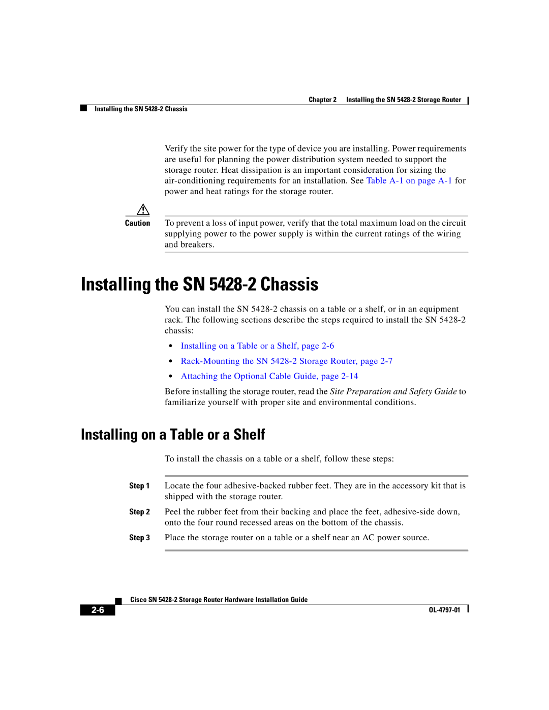 Cisco Systems manual Installing the SN 5428-2 Chassis, Installing on a Table or a Shelf 