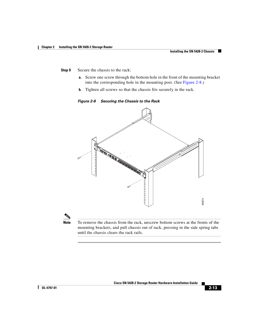 Cisco Systems SN 5428-2 manual Securing the Chassis to the Rack 