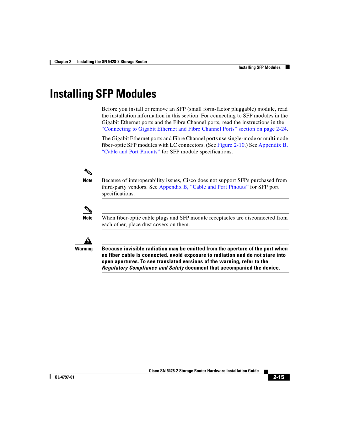 Cisco Systems SN 5428-2 manual Installing SFP Modules 