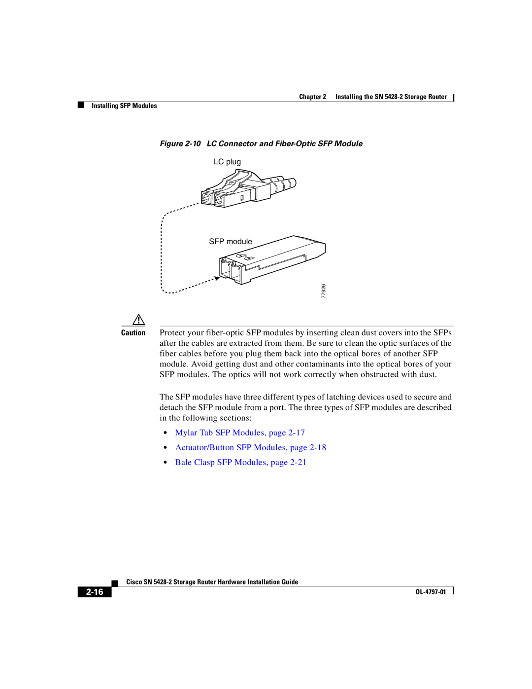 Cisco Systems SN 5428-2 manual LC Connector and Fiber-Optic SFP Module 