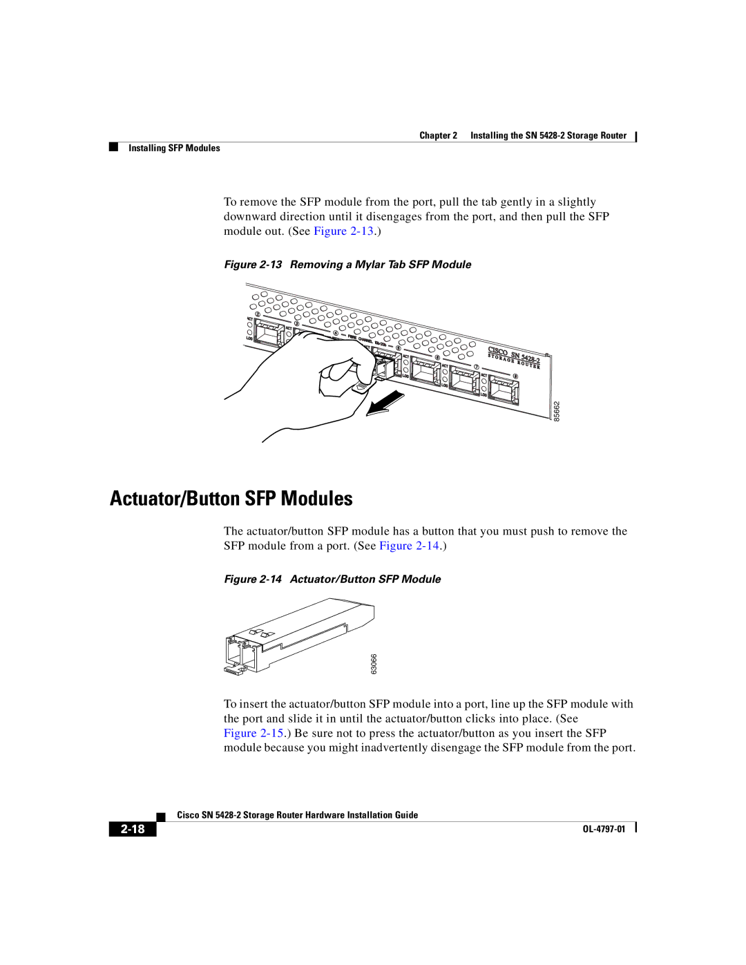 Cisco Systems SN 5428-2 manual Actuator/Button SFP Modules, Removing a Mylar Tab SFP Module 