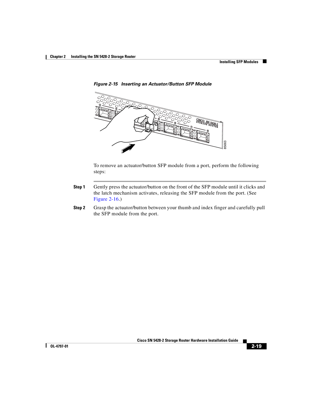 Cisco Systems SN 5428-2 manual Inserting an Actuator/Button SFP Module 