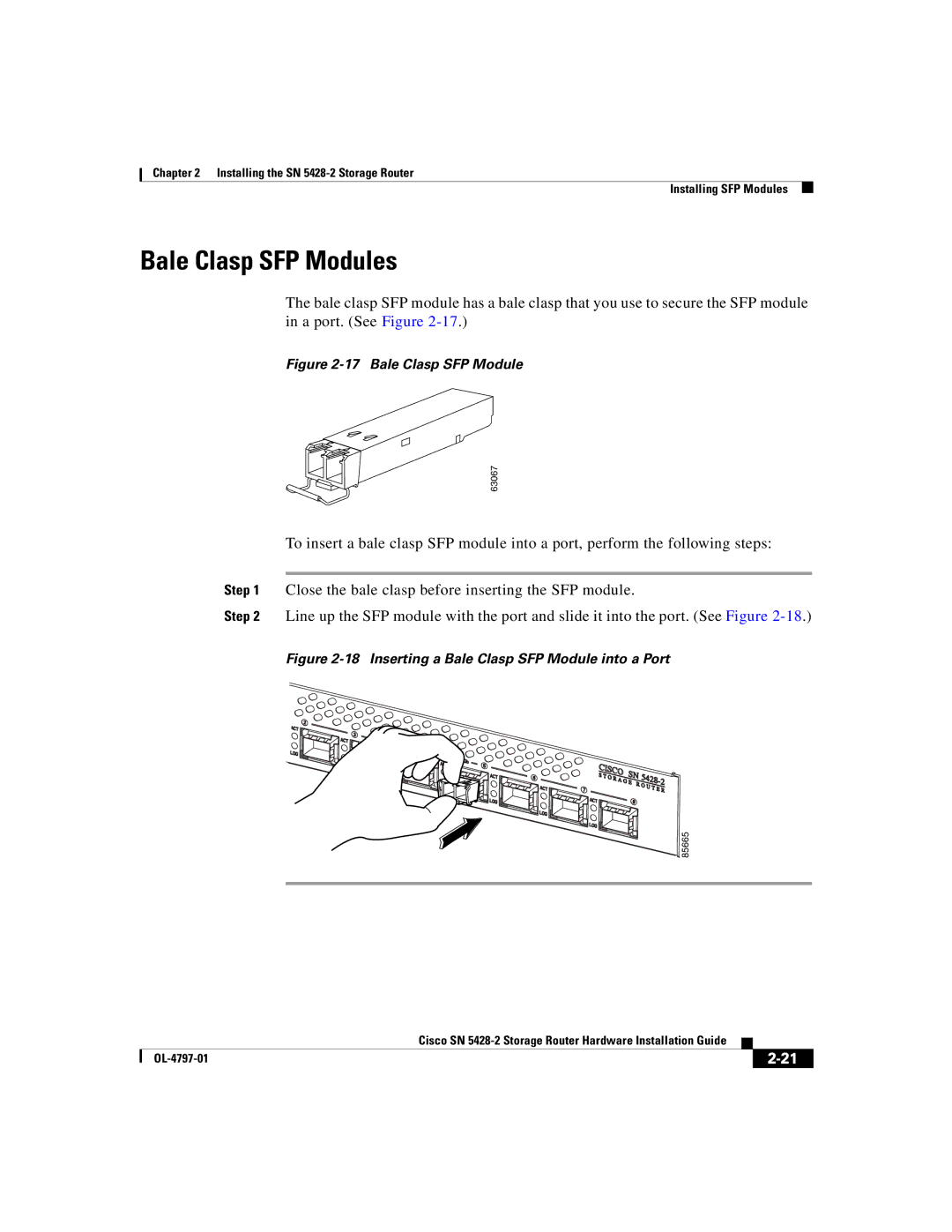 Cisco Systems SN 5428-2 manual Bale Clasp SFP Modules 