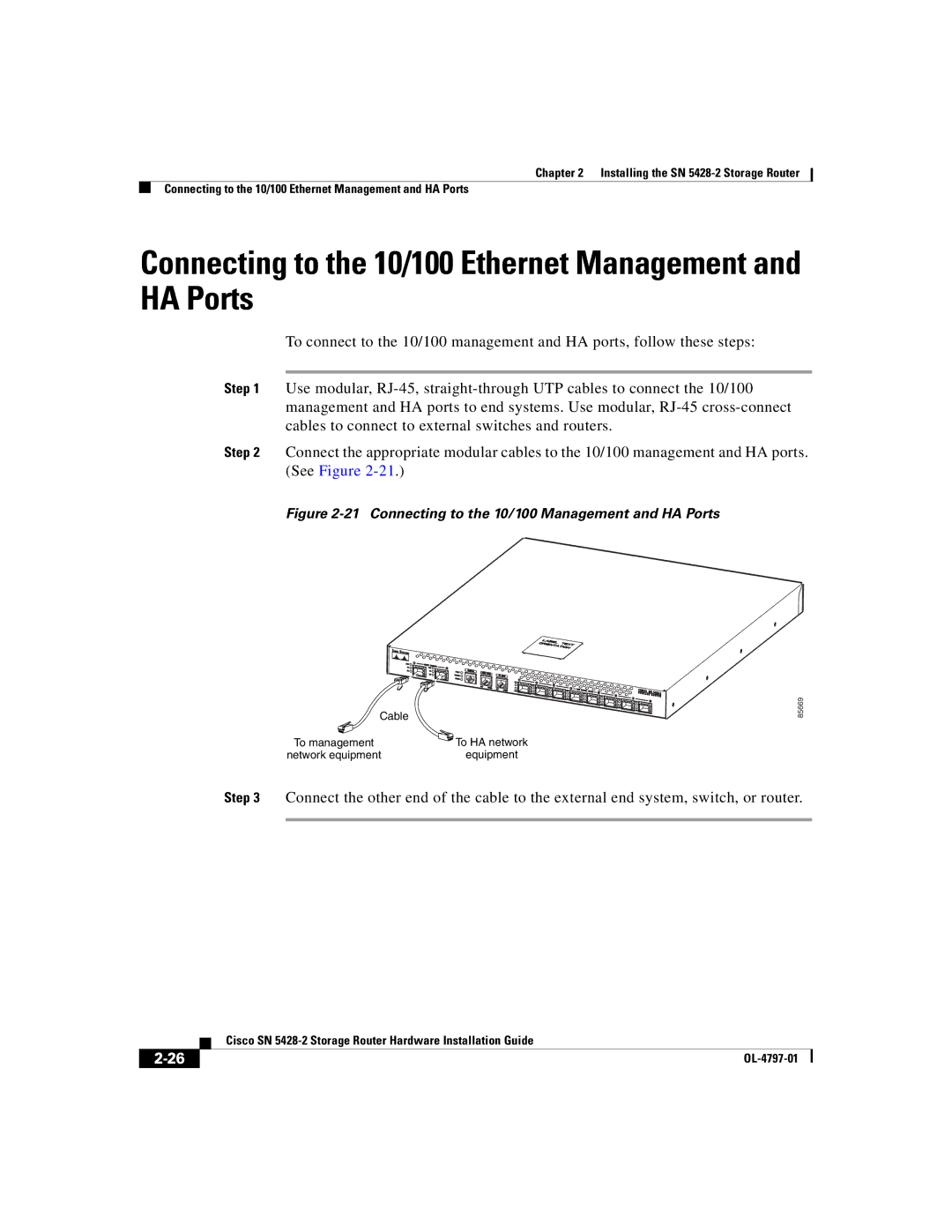 Cisco Systems SN 5428-2 manual Connecting to the 10/100 Ethernet Management and HA Ports 