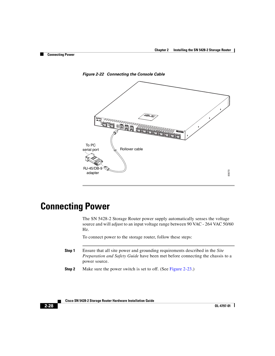 Cisco Systems SN 5428-2 manual Connecting Power, Connecting the Console Cable 