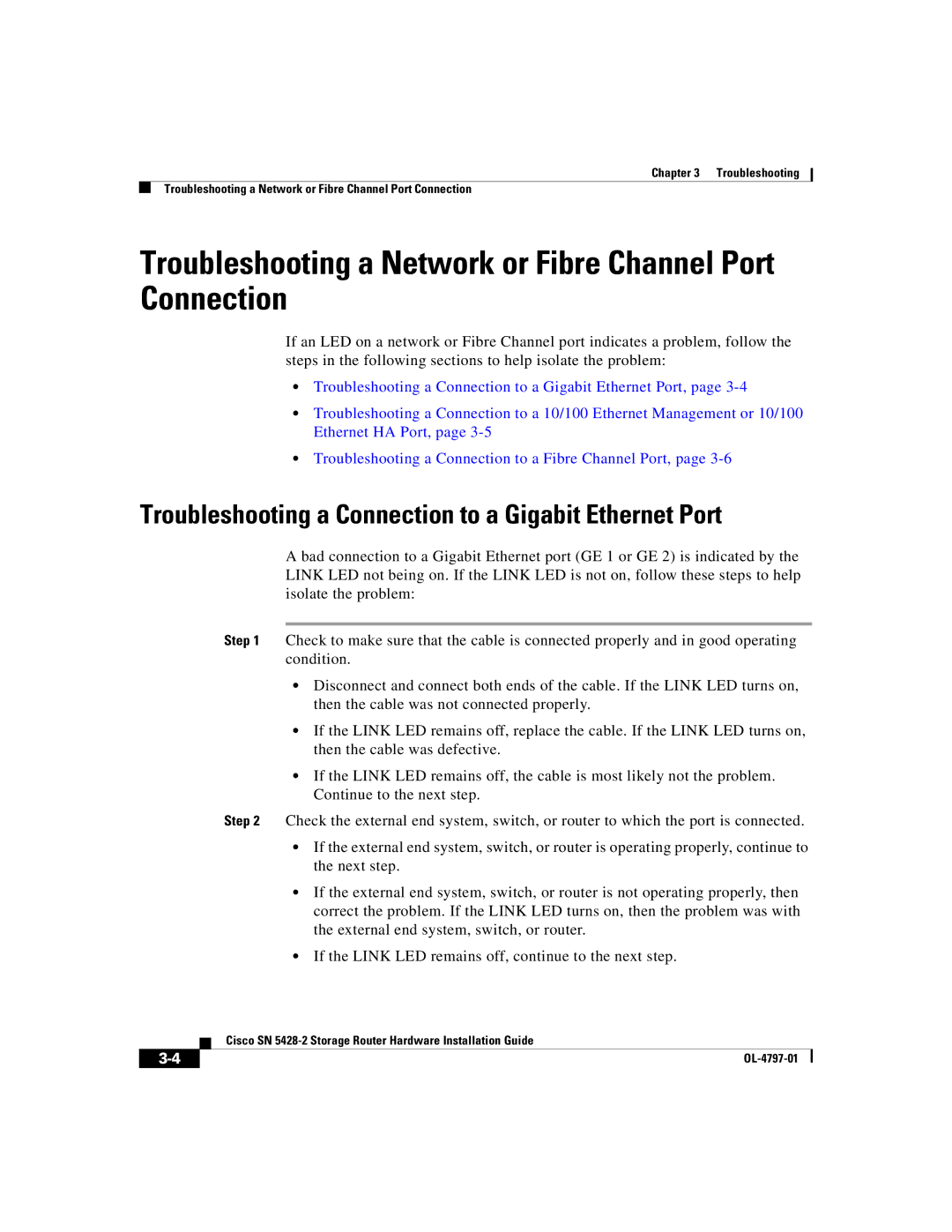 Cisco Systems SN 5428-2 manual Troubleshooting a Network or Fibre Channel Port Connection 