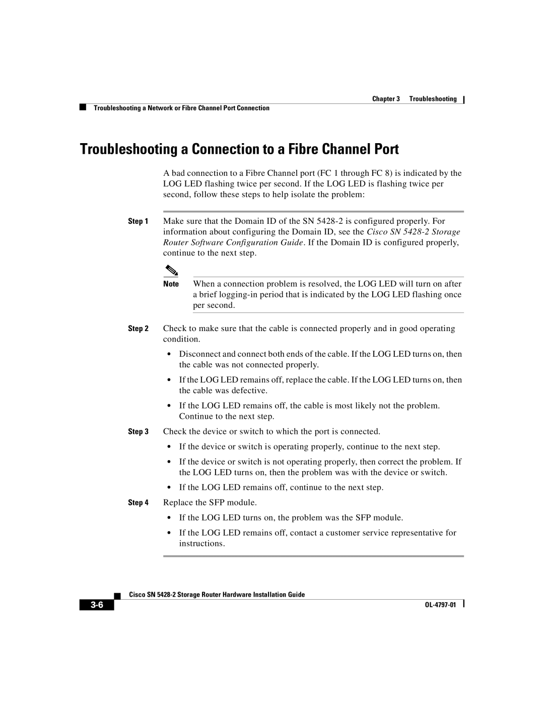 Cisco Systems SN 5428-2 manual Troubleshooting a Connection to a Fibre Channel Port 