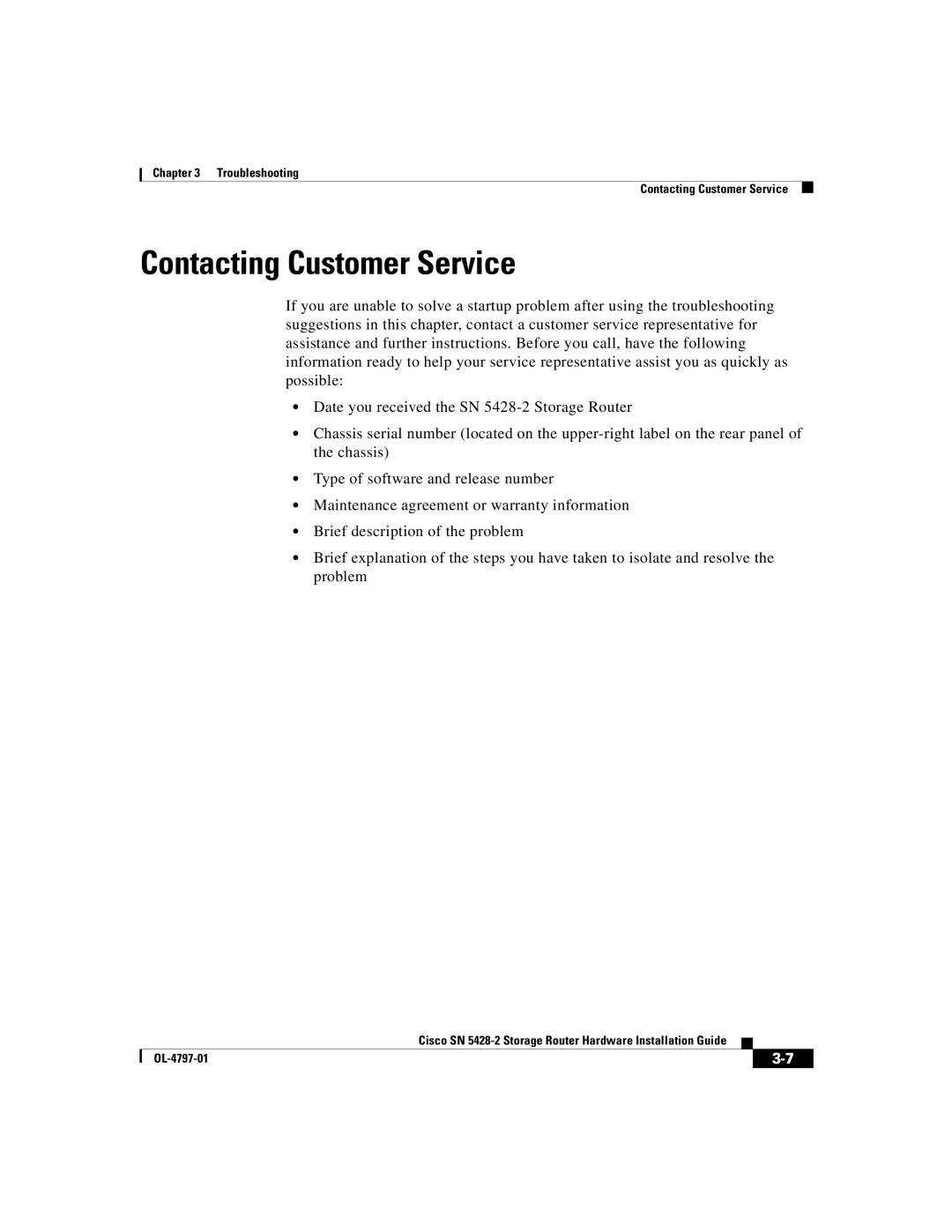 Cisco Systems SN 5428-2 manual Contacting Customer Service 