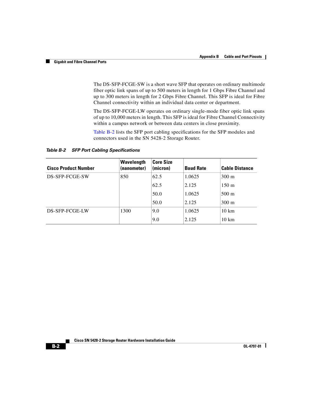 Cisco Systems SN 5428-2 manual 850 62.5 0625 300 m 125 150 m 50.0 500 m 