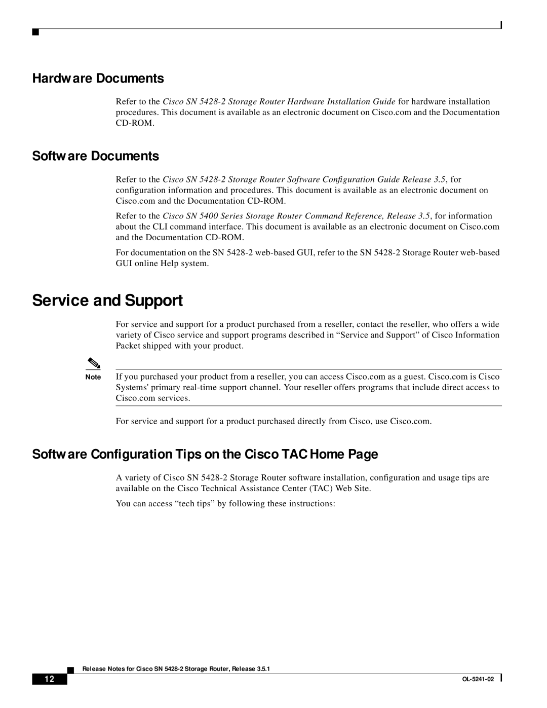 Cisco Systems SN 5428-2 manual Service and Support, Hardware Documents Software Documents 