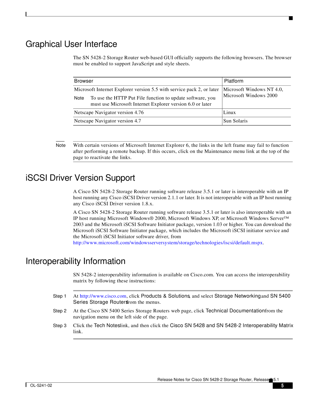 Cisco Systems SN 5428-2 manual Graphical User Interface, ISCSI Driver Version Support, Interoperability Information 