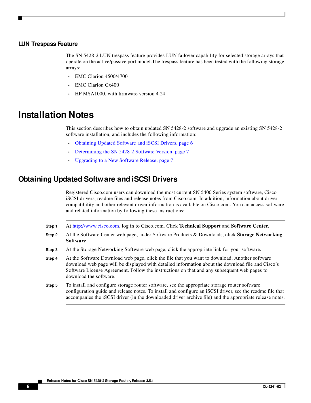 Cisco Systems SN 5428-2 manual Installation Notes, Obtaining Updated Software and iSCSI Drivers 