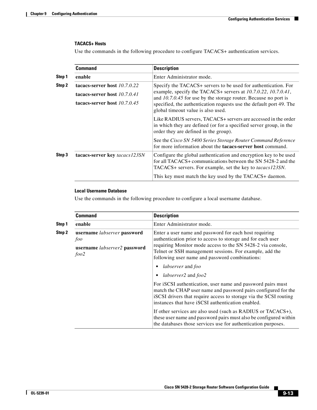 Cisco Systems SN 5428-2 manual TACACS+ Hosts, Local Username Database 