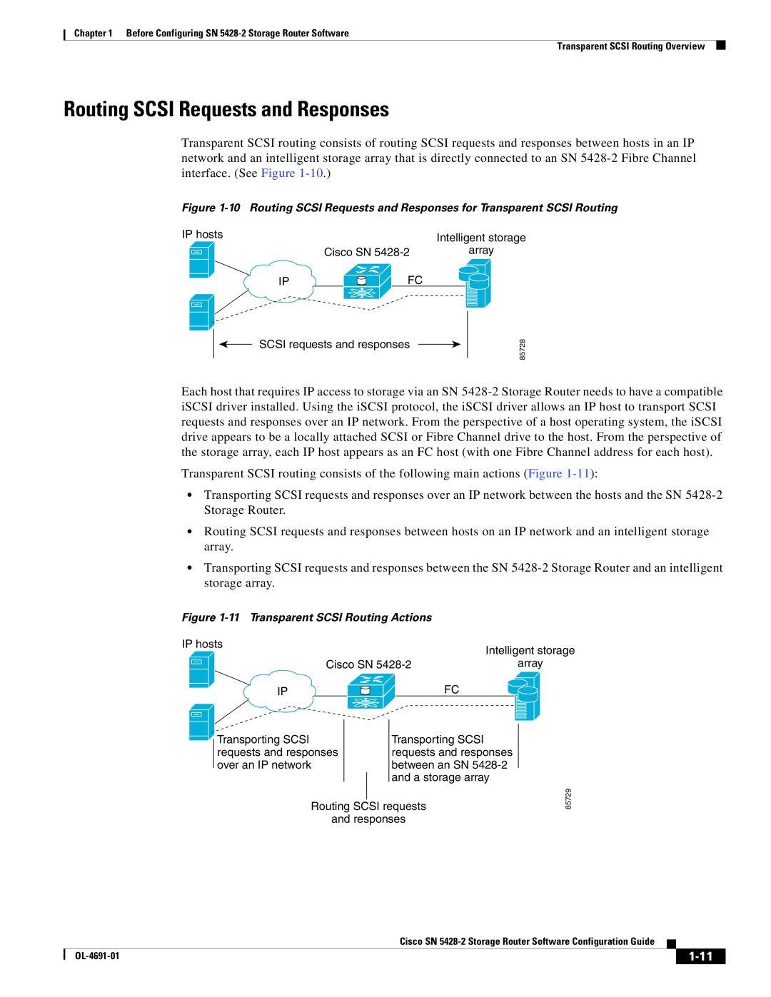Cisco Systems SN 5428-2 manual 1-11, Routing SCSI Requests and Responses, 11 Transparent SCSI Routing Actions 