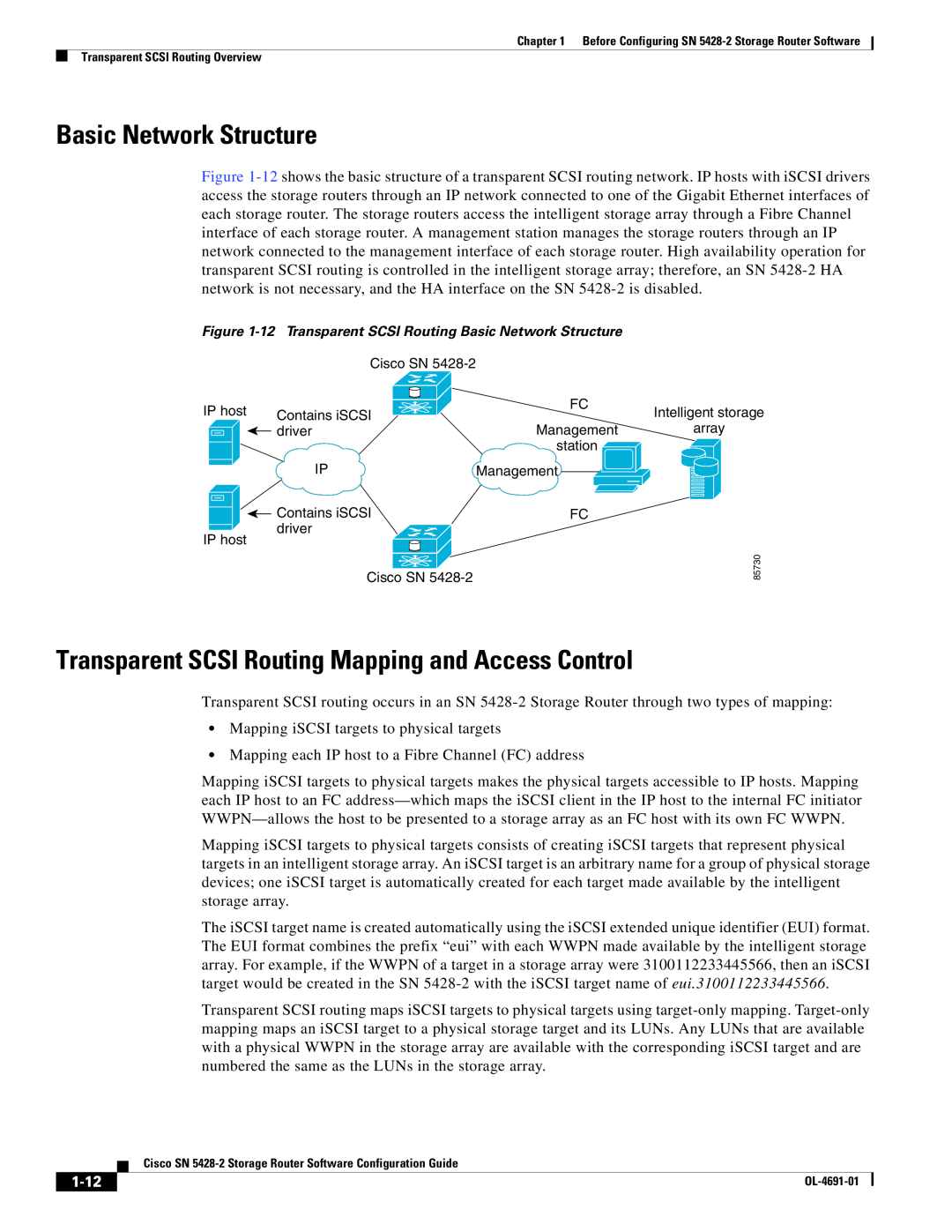 Cisco Systems SN 5428-2 manual Transparent SCSI Routing Mapping and Access Control, 1-12, Basic Network Structure 