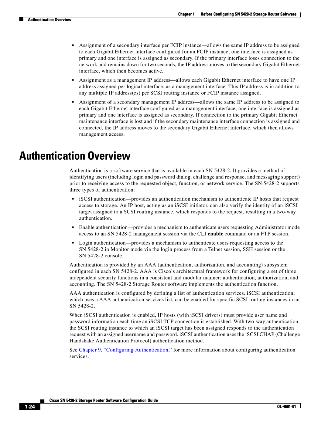 Cisco Systems SN 5428-2 manual Authentication Overview, 1-24 