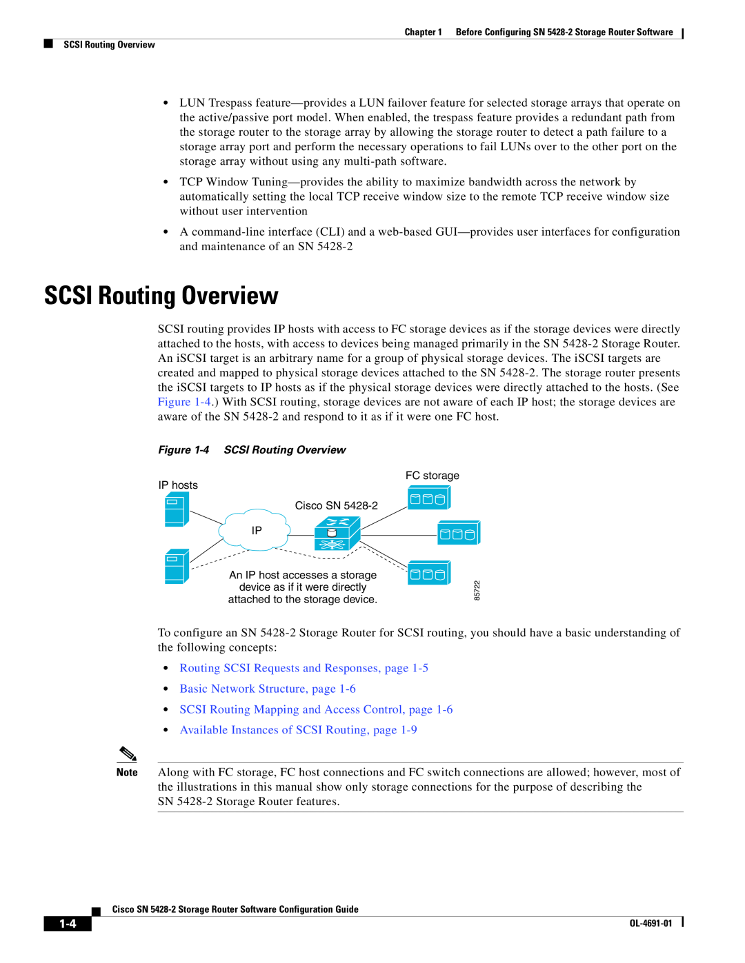 Cisco Systems SN 5428-2 SCSI Routing Overview, Routing SCSI Requests and Responses, page, Basic Network Structure, page 
