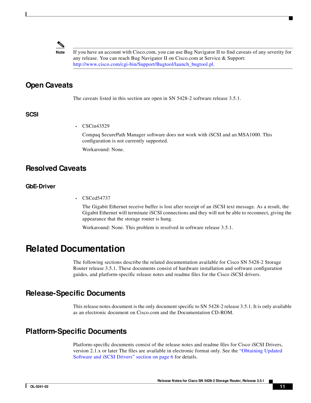 Cisco Systems SN 5428-2 manual Related Documentation, Open Caveats, Resolved Caveats, Release-Specific Documents, Scsi 
