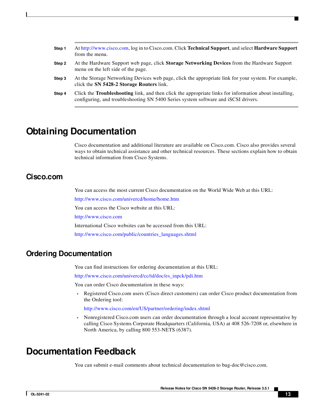 Cisco Systems SN 5428-2 manual Obtaining Documentation, Documentation Feedback, Cisco.com, Ordering Documentation 