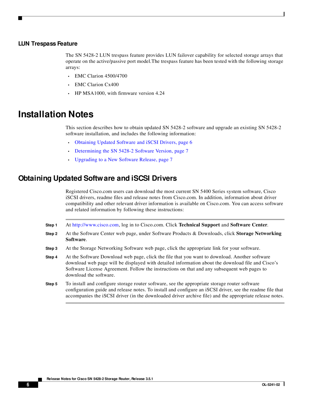 Cisco Systems SN 5428-2 manual Installation Notes, Obtaining Updated Software and iSCSI Drivers, LUN Trespass Feature 
