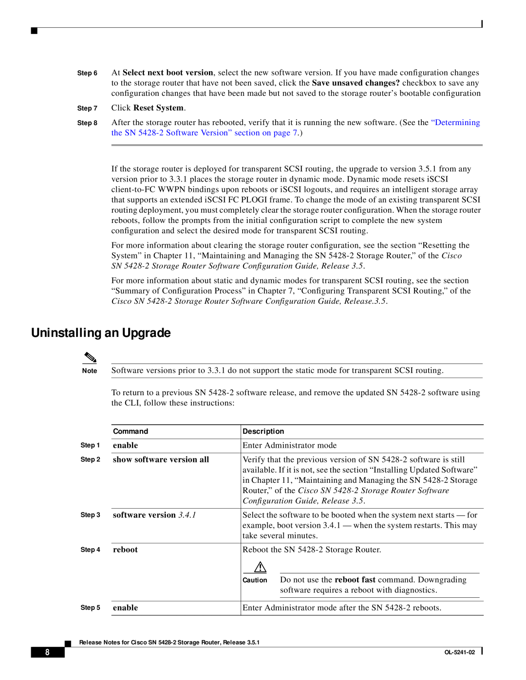 Cisco Systems SN 5428-2 manual Uninstalling an Upgrade, Command, Description 
