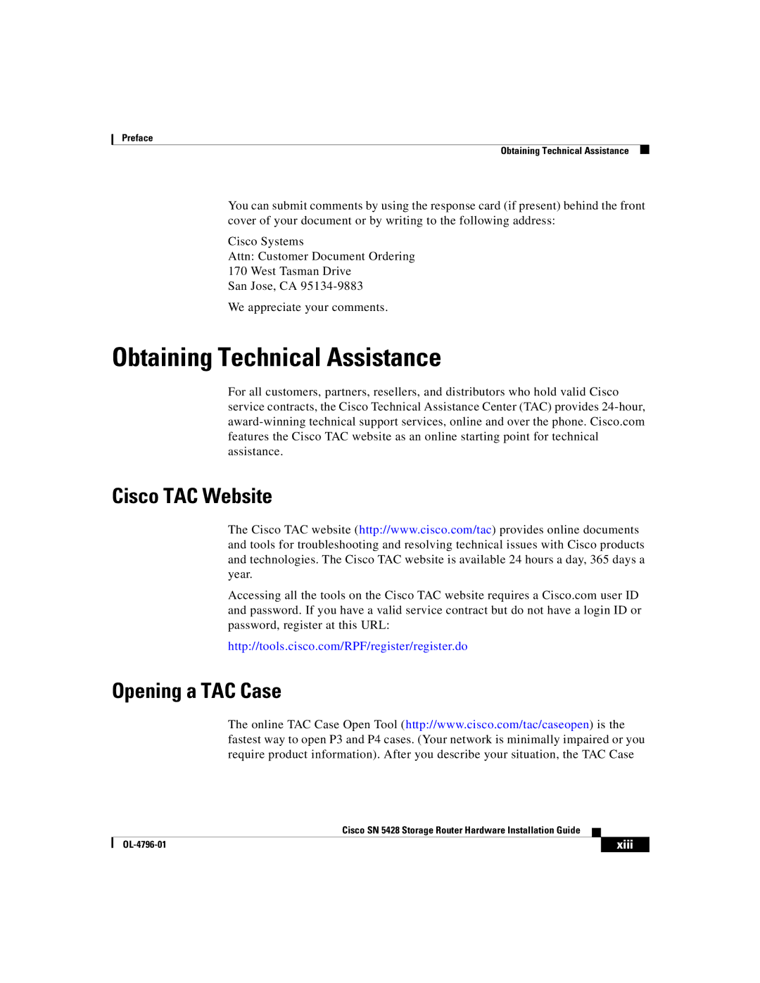 Cisco Systems SN 5428 manual Obtaining Technical Assistance, Cisco TAC Website Opening a TAC Case 