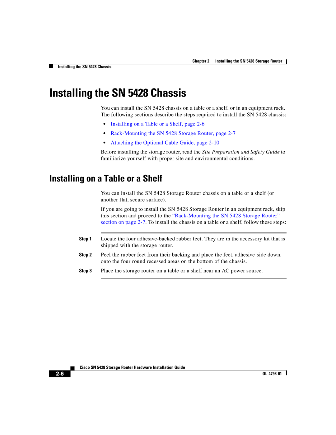 Cisco Systems manual Installing the SN 5428 Chassis, Installing on a Table or a Shelf 