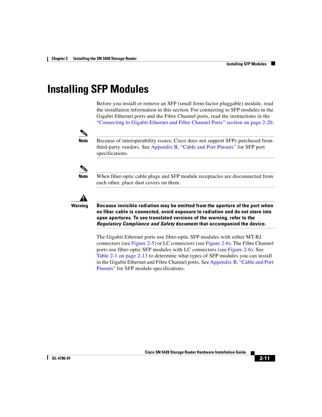 Cisco Systems SN 5428 manual Installing SFP Modules 