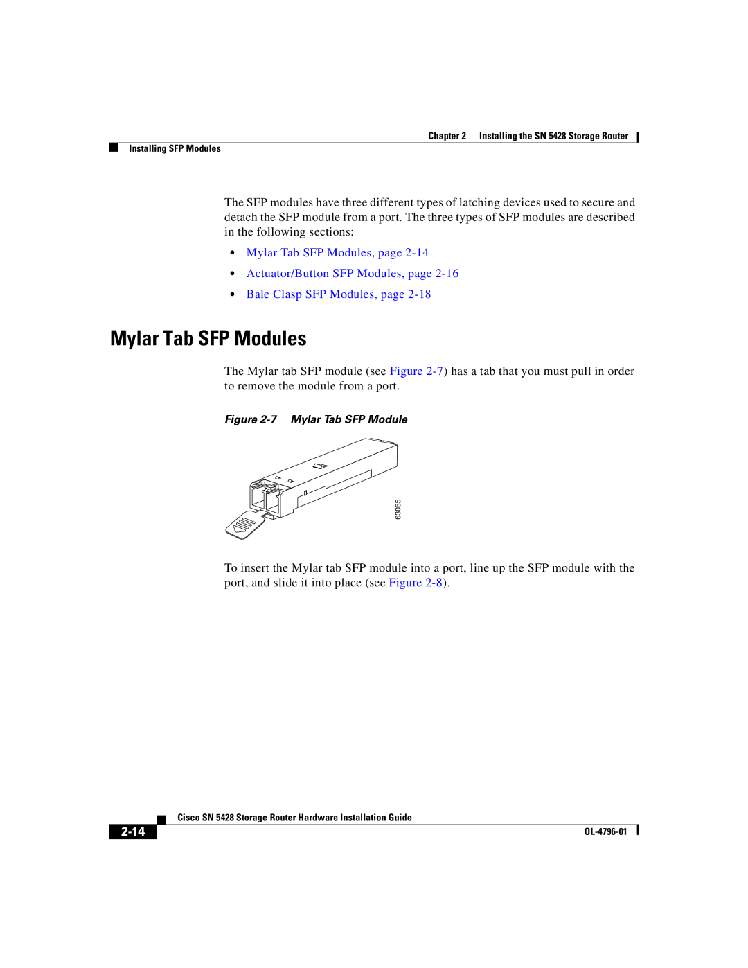 Cisco Systems SN 5428 manual Mylar Tab SFP Modules 