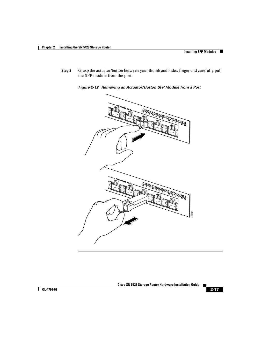 Cisco Systems SN 5428 manual Removing an Actuator/Button SFP Module from a Port 