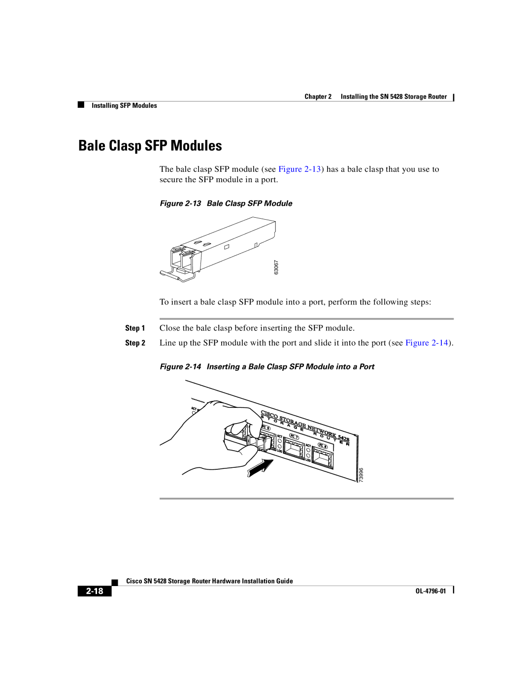 Cisco Systems SN 5428 manual Bale Clasp SFP Modules 