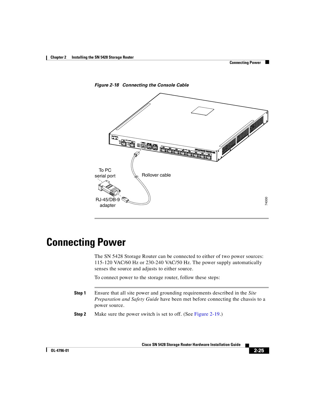 Cisco Systems SN 5428 manual Connecting Power, Connecting the Console Cable 