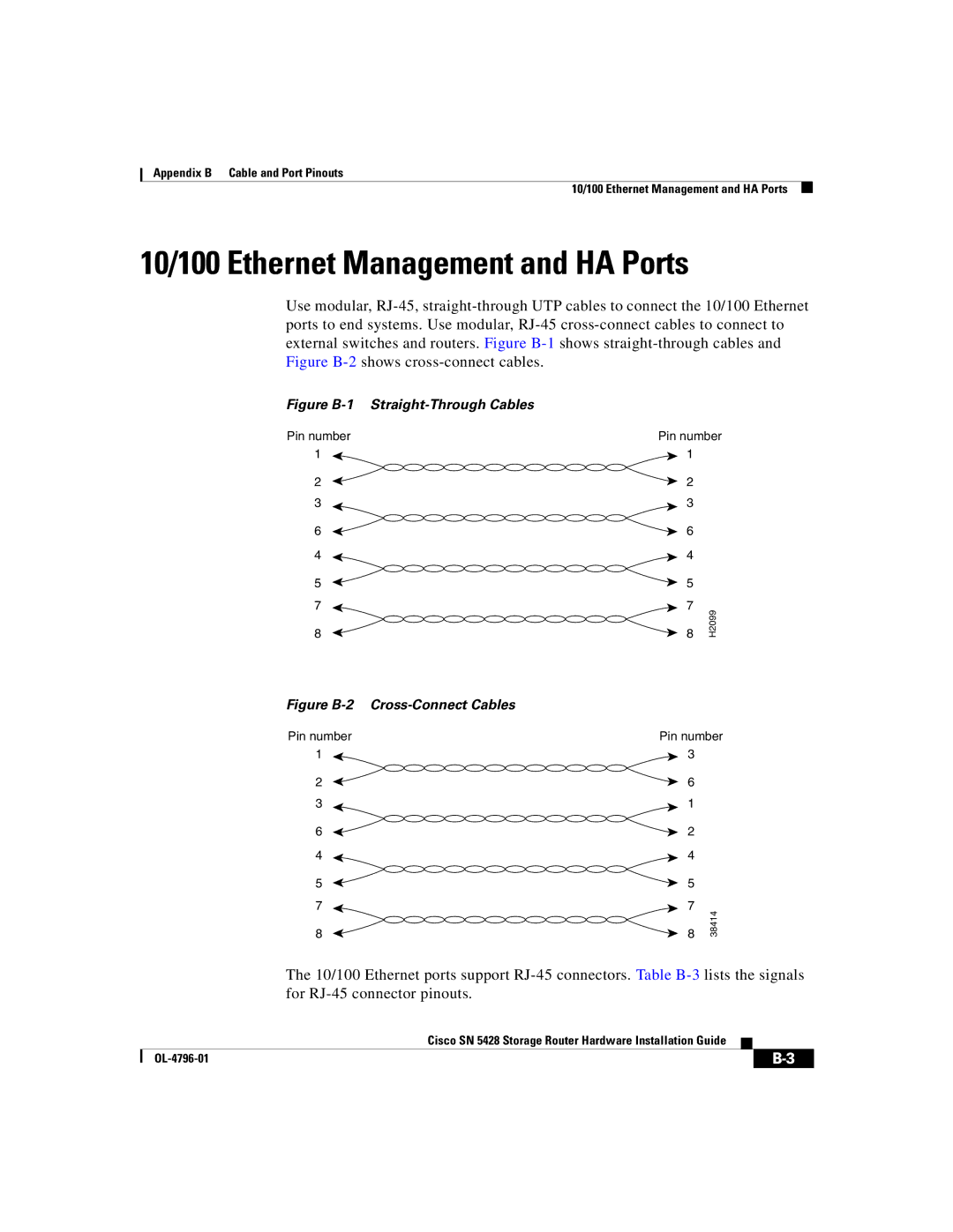 Cisco Systems SN 5428 manual 10/100 Ethernet Management and HA Ports, Figure B-1 Straight-Through Cables 