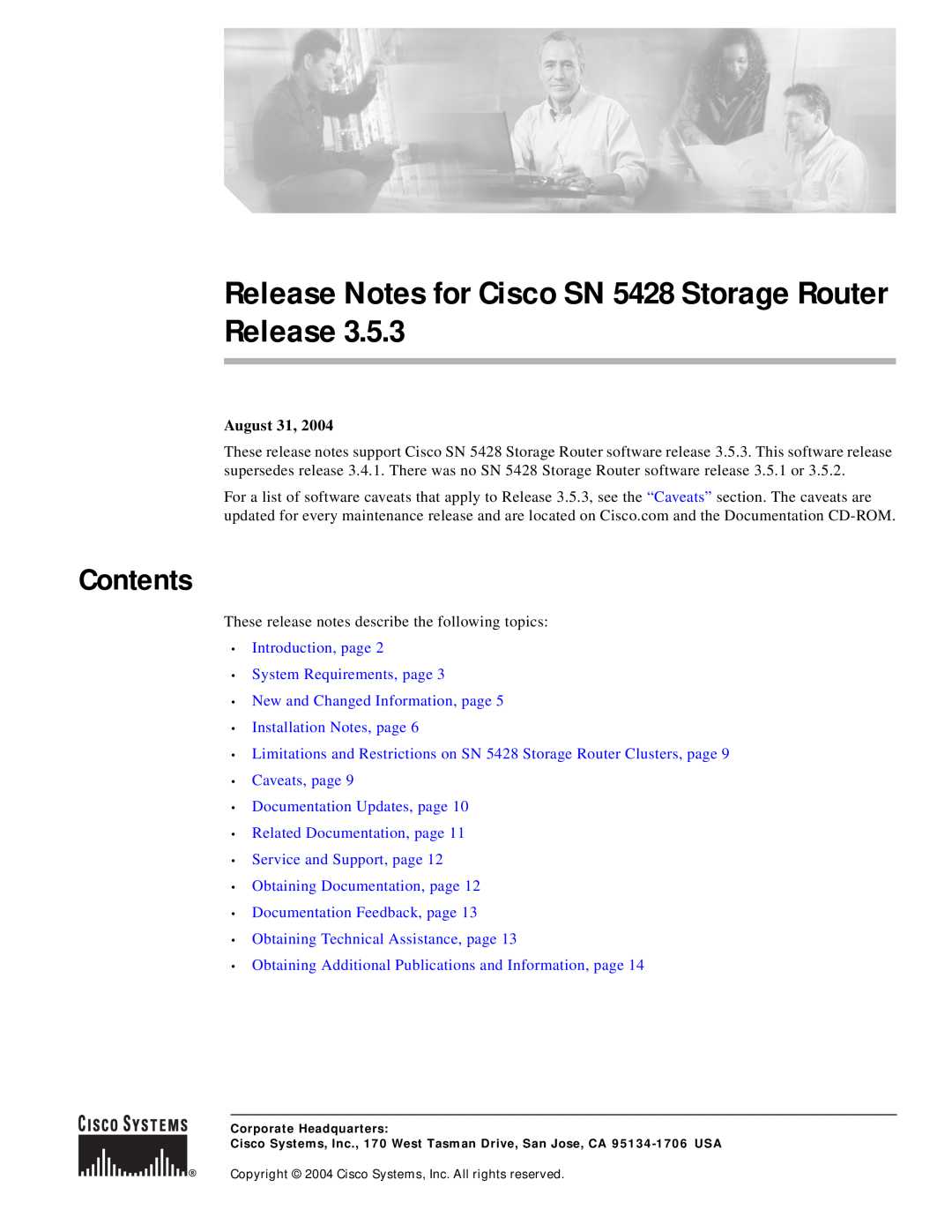 Cisco Systems SN 5428 manual Contents, August 31, Introduction, page System Requirements, page 