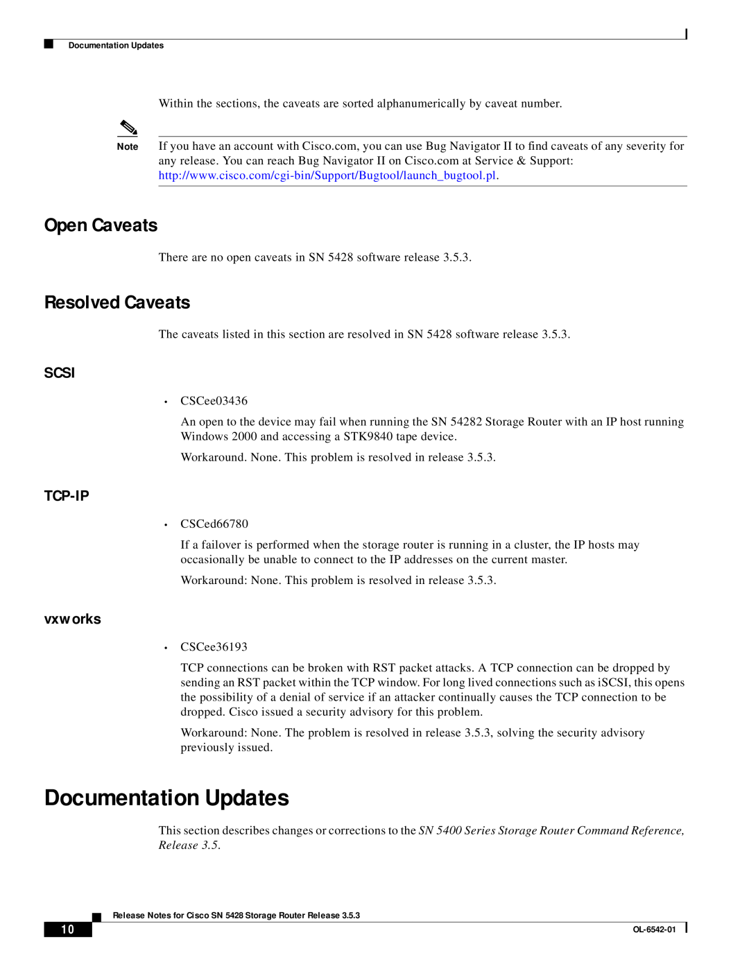Cisco Systems SN 5428 manual Documentation Updates, Open Caveats, Resolved Caveats, Scsi, Tcp-Ip, vxworks 