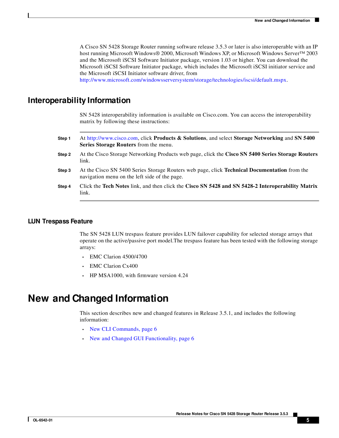 Cisco Systems SN 5428 manual New and Changed Information, Interoperability Information, LUN Trespass Feature 