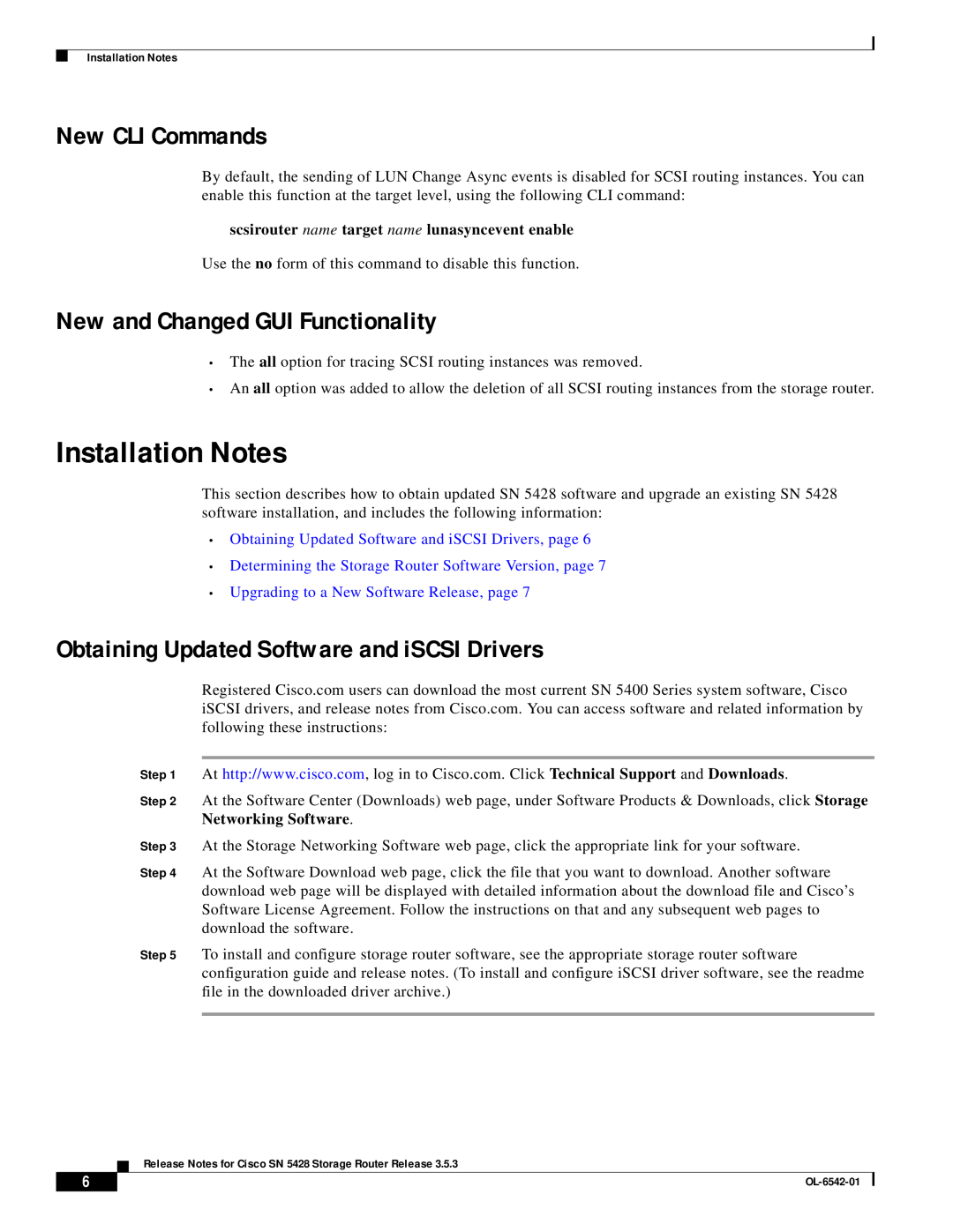 Cisco Systems SN 5428 manual Installation Notes, New CLI Commands, New and Changed GUI Functionality 