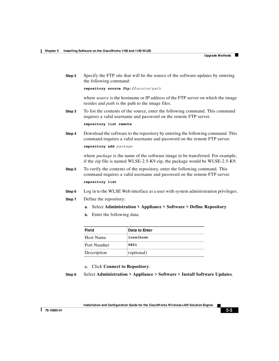 Cisco Systems SOFTWARE RELEASE 2.5 warranty Select Administration Appliance Software Define Repository, Field Data to Enter 