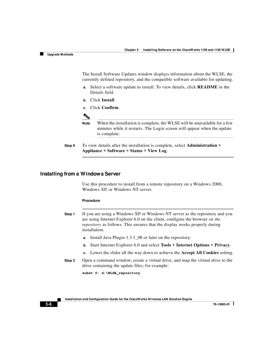 Cisco Systems SOFTWARE RELEASE 2.5 warranty Installing from a Windows Server, Subst f d\WLSErepository 