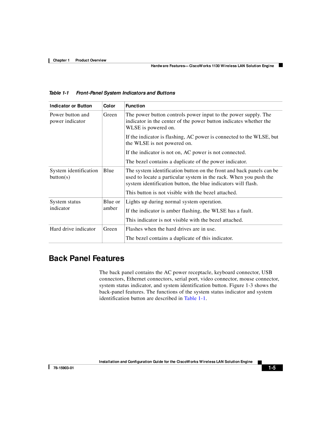 Cisco Systems SOFTWARE RELEASE 2.5 warranty Back Panel Features, Indicator or Button Color Function 