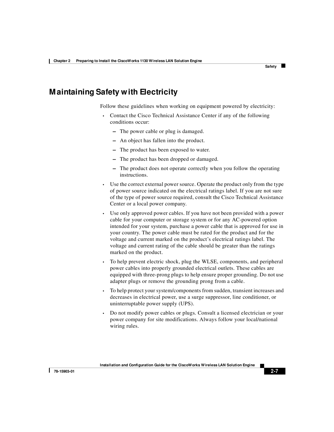 Cisco Systems SOFTWARE RELEASE 2.5 warranty Maintaining Safety with Electricity 