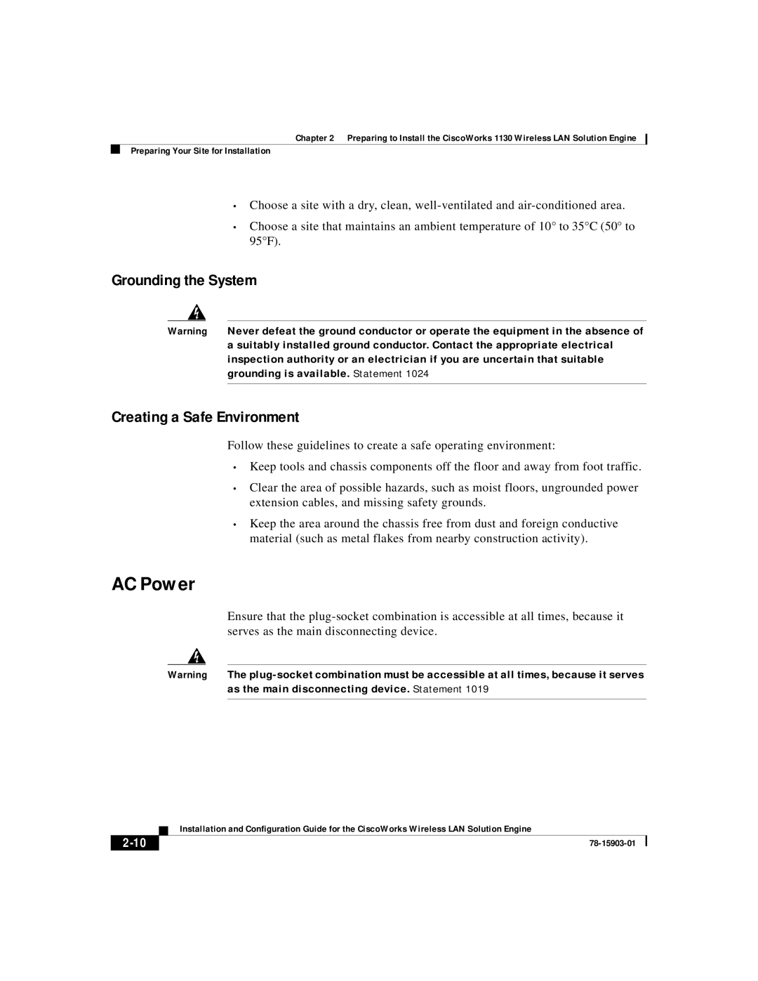 Cisco Systems SOFTWARE RELEASE 2.5 warranty AC Power, Grounding the System Creating a Safe Environment 