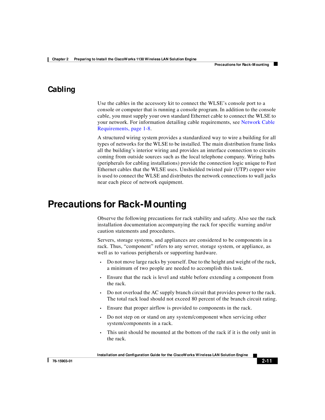 Cisco Systems SOFTWARE RELEASE 2.5 warranty Precautions for Rack-Mounting, Cabling 