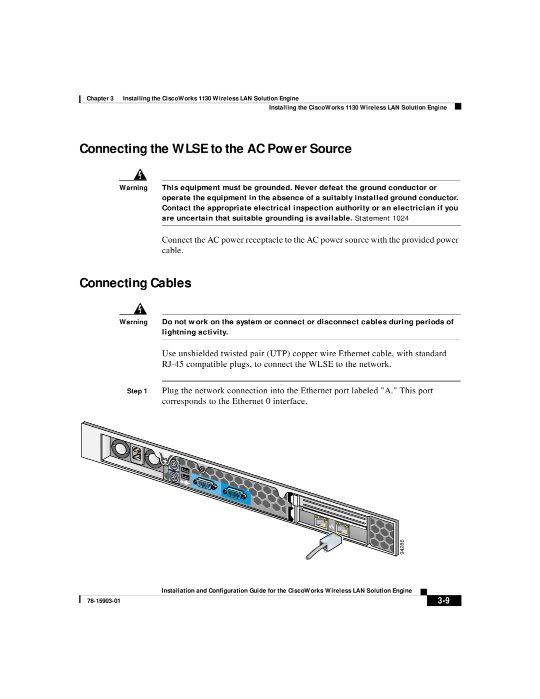 Cisco Systems SOFTWARE RELEASE 2.5 warranty Connecting the Wlse to the AC Power Source, Connecting Cables 