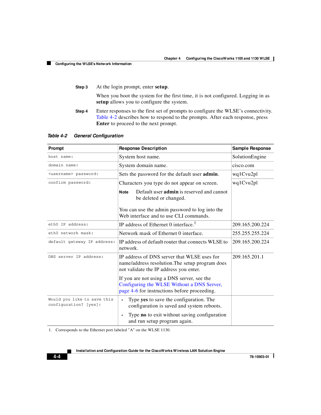 Cisco Systems SOFTWARE RELEASE 2.5 warranty Prompt Response Description, Configuring the Wlse Without a DNS Server 